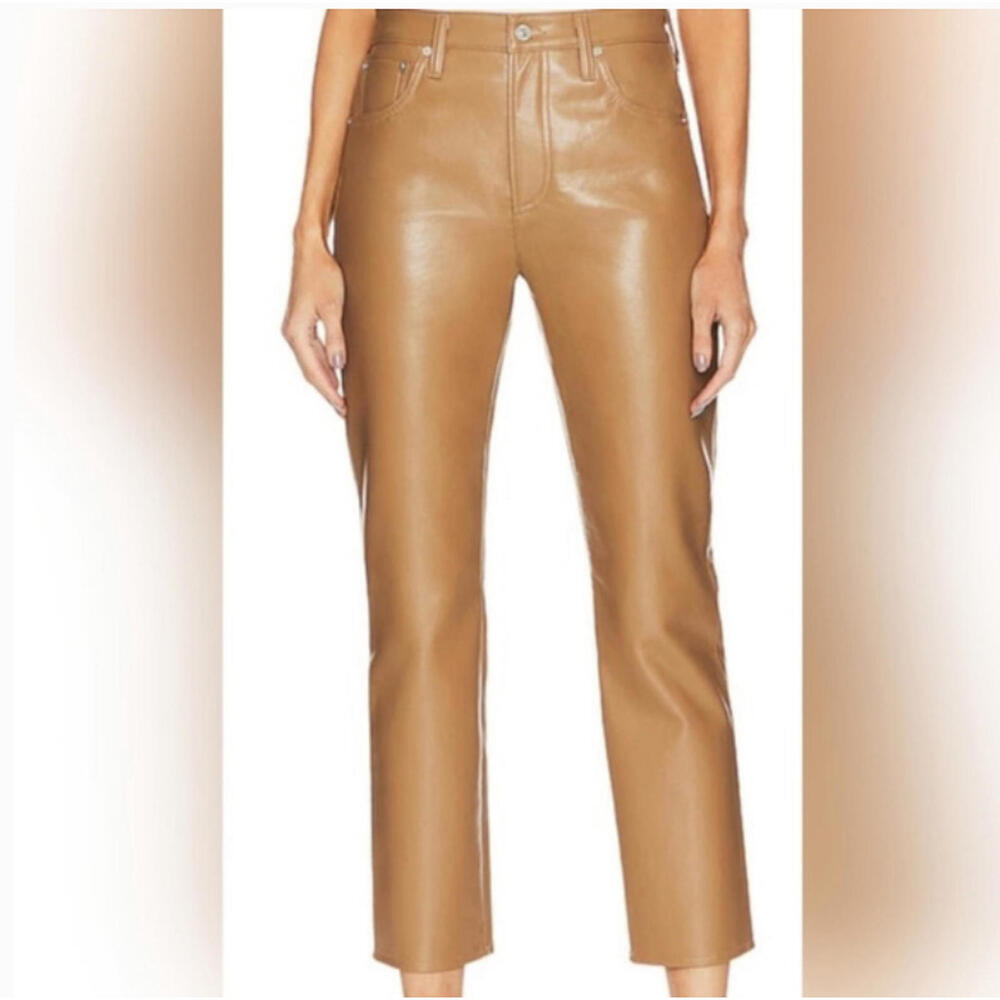 7 for all mankind brown leather straight leg pants sz S